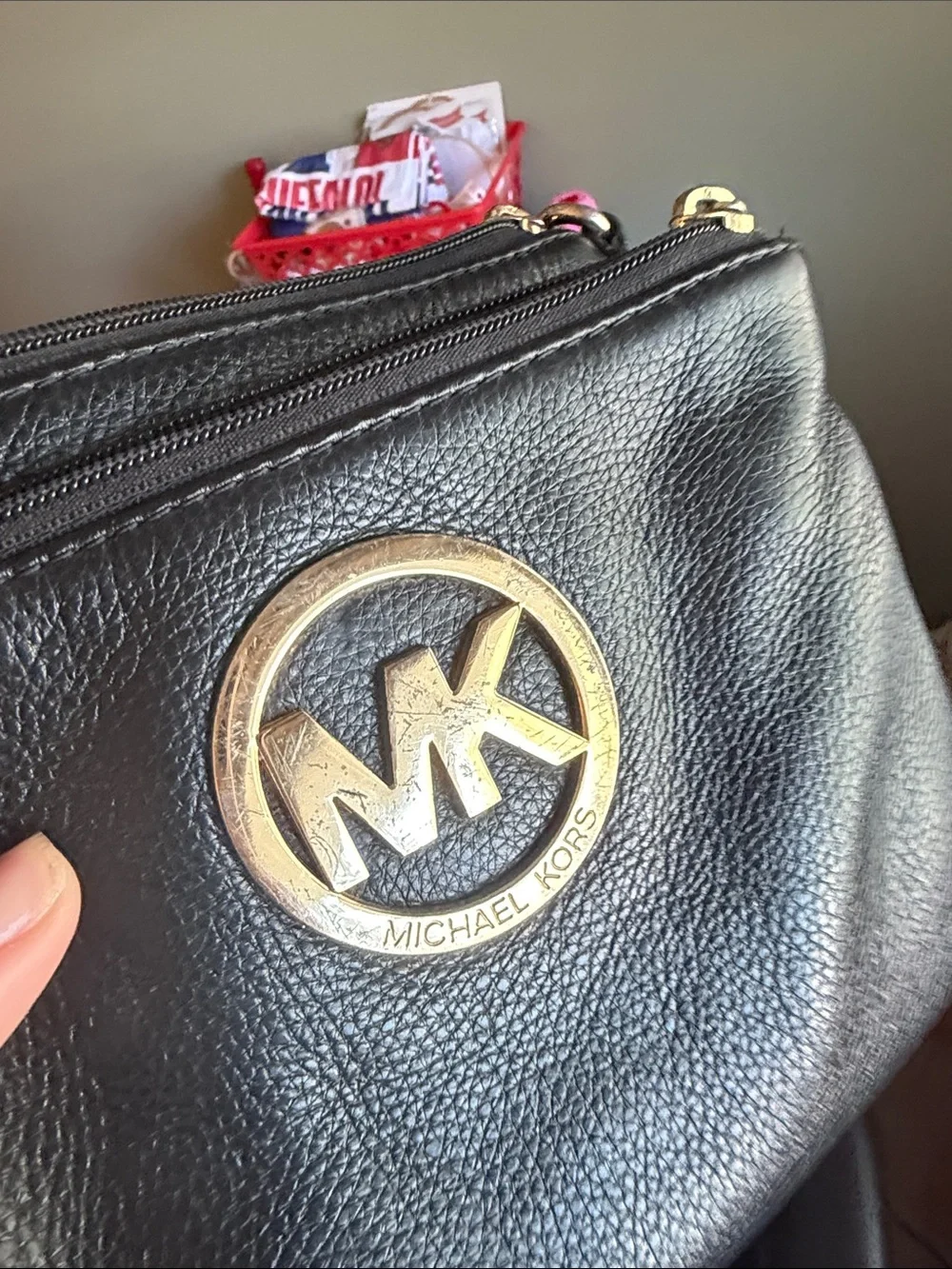 Michael Kors Black Leather Crossbody with Gold MK Emblem